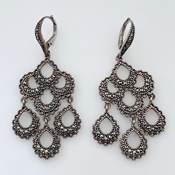 Vintage Judith Jack Sterling Marcasite Chandelier Lever Back Pierced Earrings 2" - Picture 1 of 5